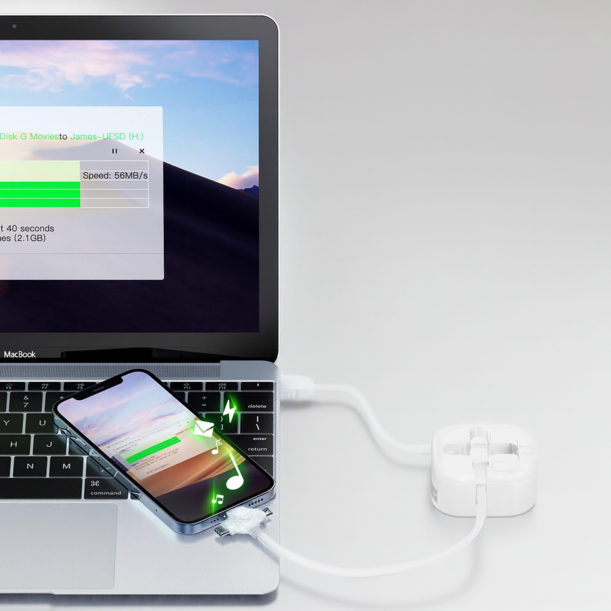 Кабель зарядный выдвижной USB Wingle 3-в-1 на Lightning, Micro-USB, Type-C «U50» 2,4 A, Quick Charge с подставкой для телефона, квадратный, белый (Изображение 4)