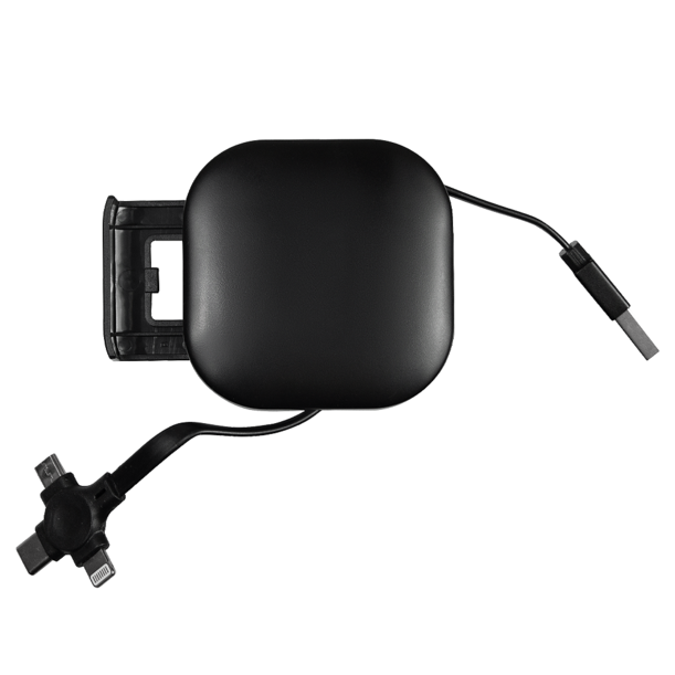 Кабель зарядный выдвижной USB Wingle 3-в-1 на Lightning, Micro-USB, Type-C «U50» 2,4 A, Quick Charge с подставкой для телефона, квадратный, черный (Изображение 3)