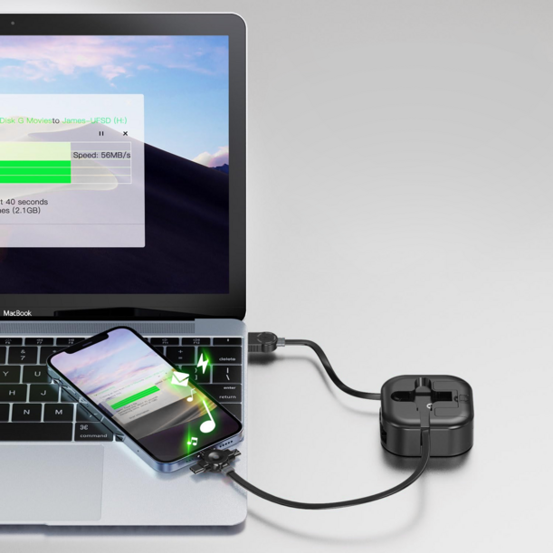 Кабель зарядный выдвижной USB Wingle 3-в-1 на Lightning, Micro-USB, Type-C «U50» 2,4 A, Quick Charge с подставкой для телефона, квадратный, черный (Изображение 4)