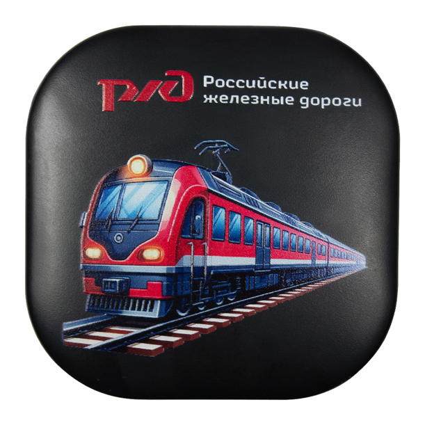 Кабель зарядный выдвижной USB Wingle Print Sample "Железные дороги" 3-в-1 на Lightning, Micro-USB, Type-C «U50» 2,4 A, Quick Charge с подставкой для телефона, квадратный, черный (Изображение 1)