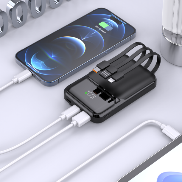 Внешний аккумулятор (powerbank) «Lumen», софт тач, 10 000 mAH, с тремя зарядными шнурами, 22,5W super fast charge, Power Delivery (PD) 20W (dfnn), QC3.0, темно-синий (Изображение 6)
