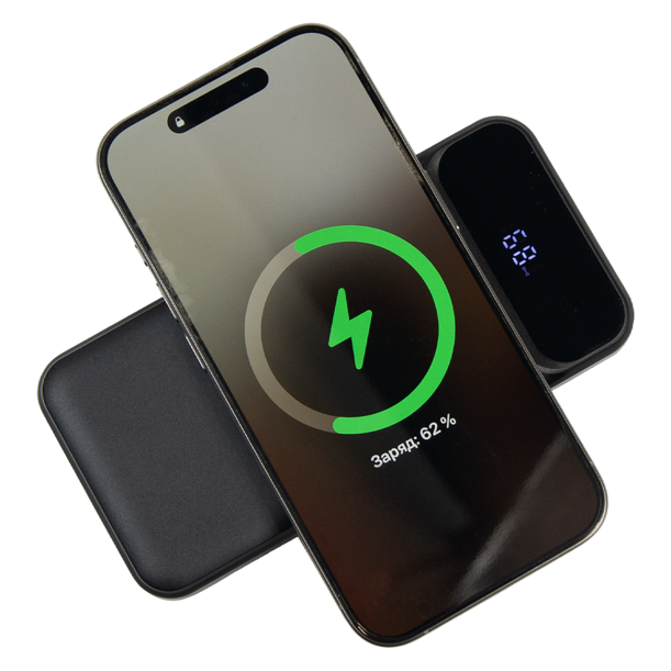 Внешний аккумулятор (powerbank) «Nova», 10 000 mAH, с тремя зарядными шнурами, c беспроводным магнитным контактом magsafe до 15W, 22,5W (Ватт) super fast charge, Power Delivery (PD) 20W (dfnn), QC3.0, черный (Изображение 4)