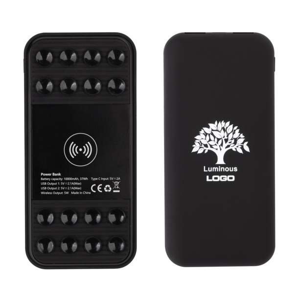 Беспроводное зарядное устройство "Sticky SOFTTOUCH", 10000 mAh с подсветкой логотипа и присосками (черный) (Изображение 1)