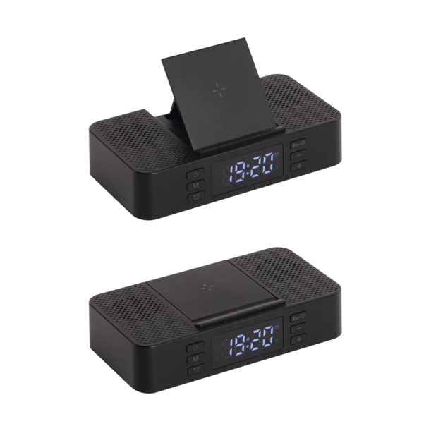 Настольные часы "Smart Box" с bluetooth колонкой (2х3Вт), беспроводным (15W) зарядным устройством и складной подставкой под смартфон (черный) (Изображение 1)