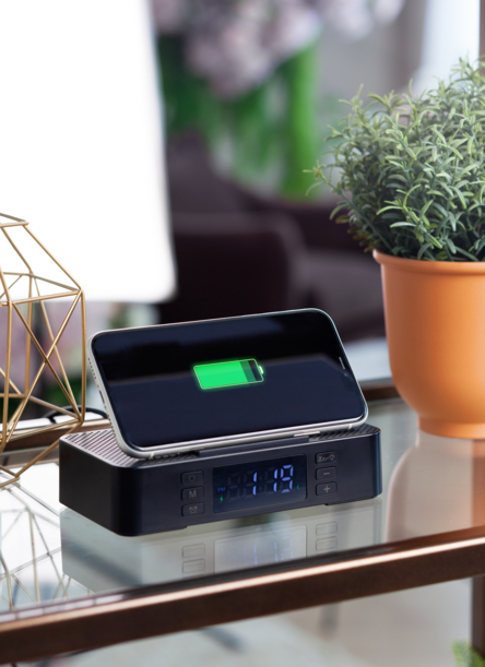 Настольные часы "Smart Box" с bluetooth колонкой (2х3Вт), беспроводным (15W) зарядным устройством и складной подставкой под смартфон (черный) (Изображение 2)