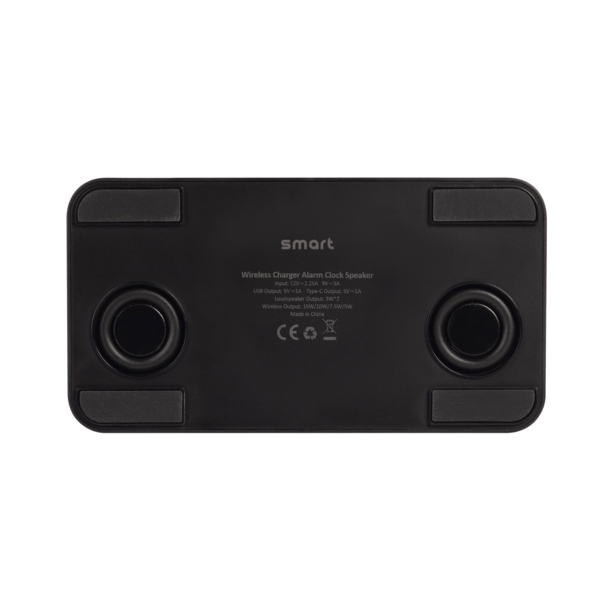 Настольные часы "Smart Box" с bluetooth колонкой (2х3Вт), беспроводным (15W) зарядным устройством и складной подставкой под смартфон (черный) (Изображение 5)