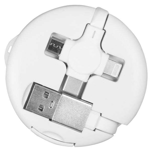 Кабель зарядный выдвижной USB Wingle  3-в-1 на Lightning, Micro-USB, Type-C «U50»  2,4 A, Quick Charge с подставкой для телефона, белый (Изображение 3)