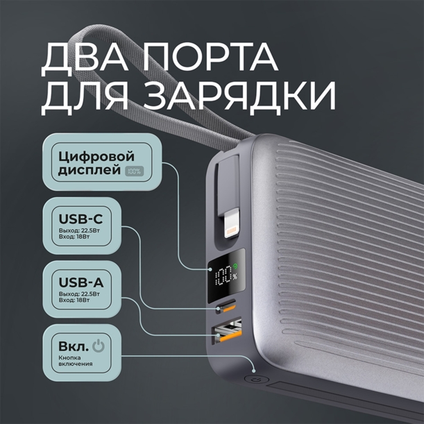 Внешний АКБ NRG Turbo Cable 20000 mAh, 22,5Вт 20000 mAh (графит) (Изображение 4)
