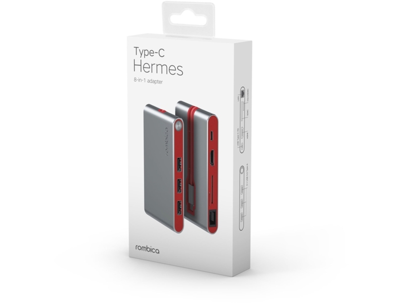 Хаб 8-в-1 Type-C «Hermes», USB 3.0 x 3, Type-C PD, HDMI, LAN, картридер (красный) (Изображение 5)