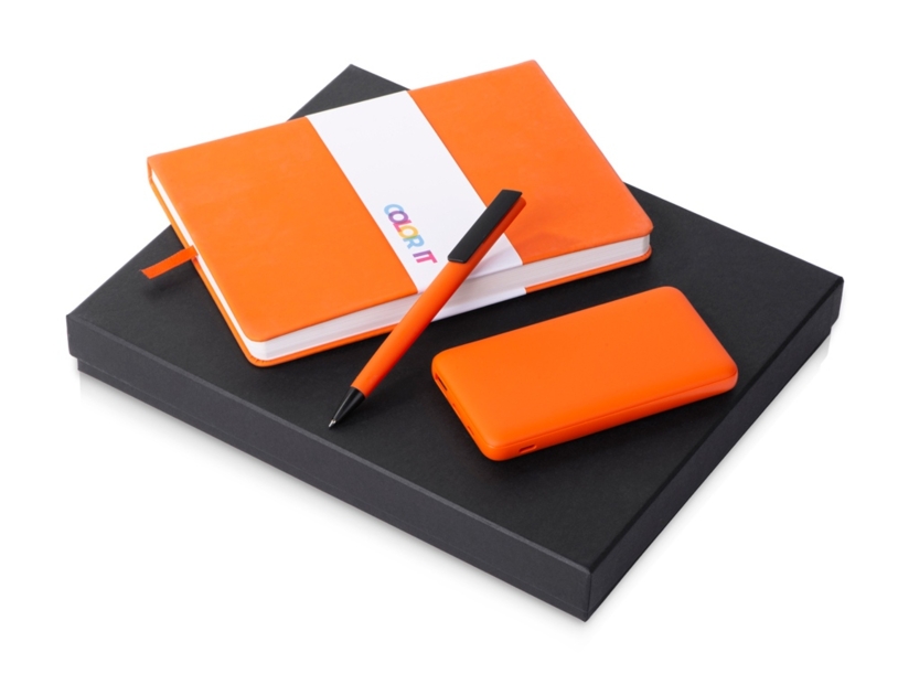 Подарочный набор «COLOR IT» c блокнотом, ручкой и повербанком, 10000 mAh (оранжевый) (Изображение 1)