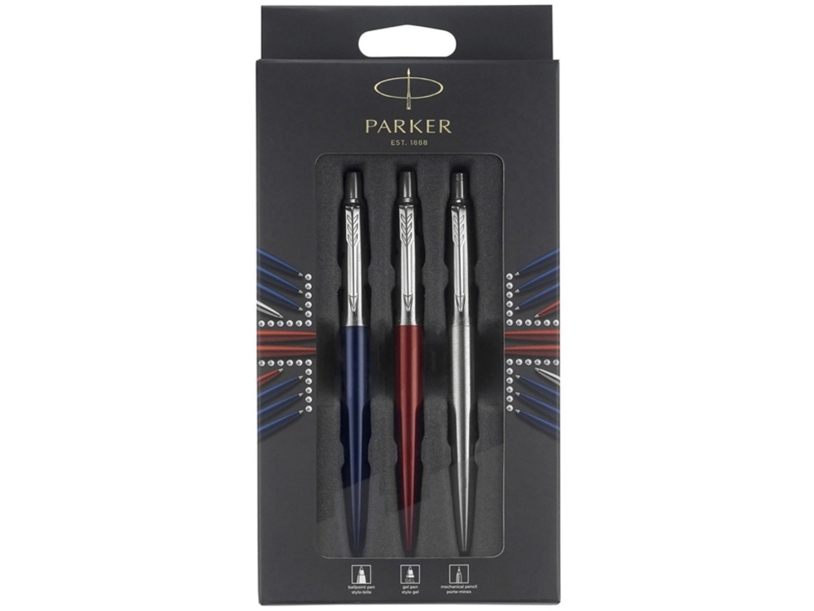 Набор Parker Jotter London Trio: ручка гелевая, ручка шариковая. карандаш (красный, синий, серебристый) (Изображение 1)