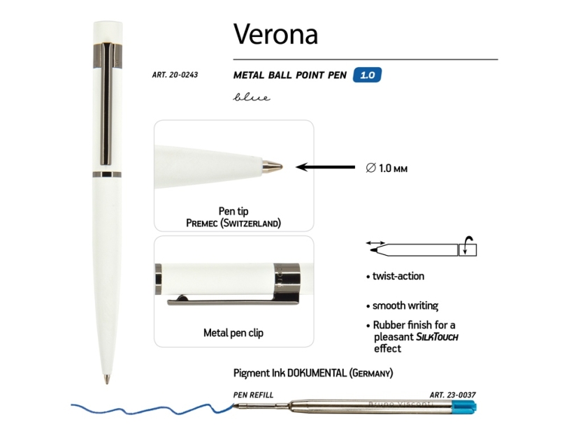 Ручка металлическая шариковая Verona (белый)  (Изображение 3)