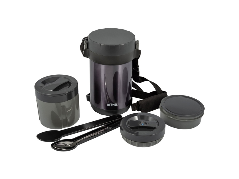 Термос из нерж.стали с пластиковыми контейнерами и ложкой тм THERMOS JBG-1800 Food Jar 1.8L, серый (Изображение 3)