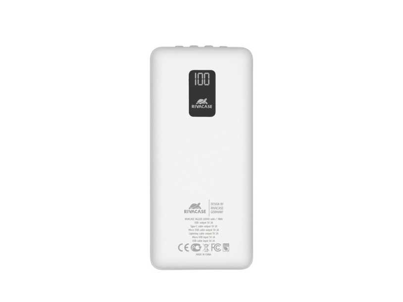 RIVACASE VA2220 (20000 мАч) внешний аккумулятор с дисплеем и встроенными кабелями, белый, 12/24 (Изображение 2)