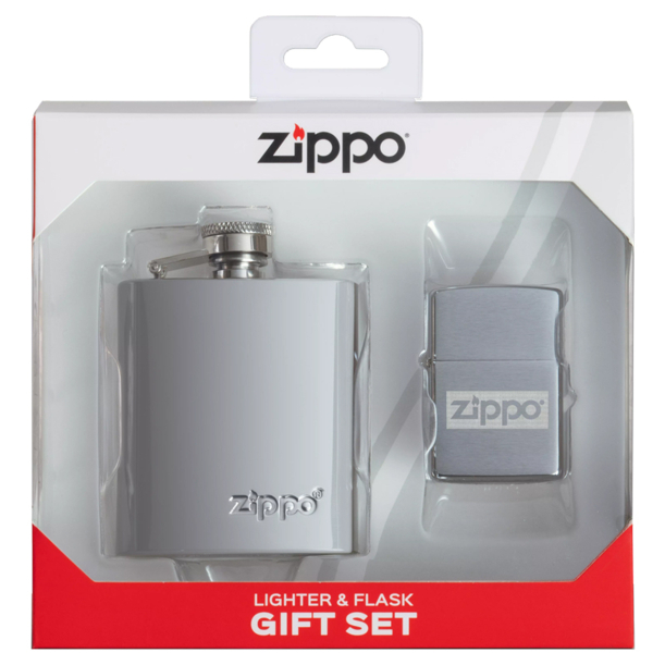 Подарочный набор ZIPPO: фляжка 89 мл и зажигалка, латунь/сталь, серебристый, в коробке с подвесом (Изображение 1)