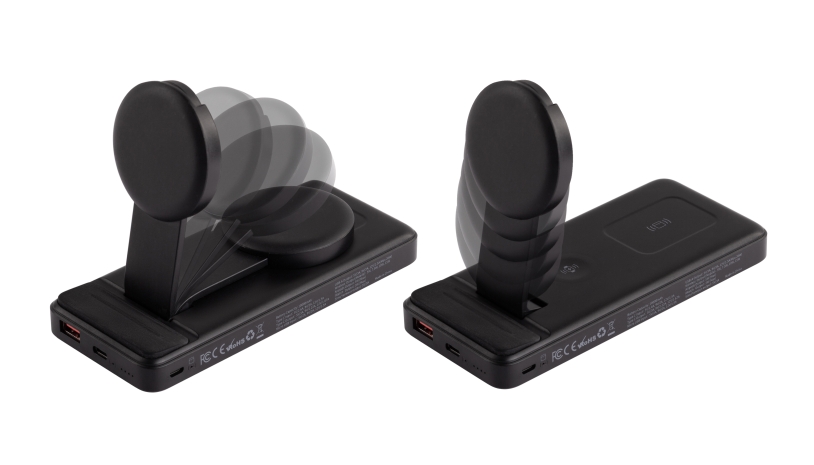 Беспроводная зарядная (20W/15W) станция-пауэрбэнк "Slider" 10000 mAh для смартфонов, наушников, часов, с подвижным зарядным блоком (черный) (Изображение 2)