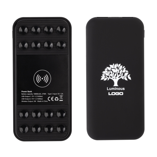 Беспроводное зарядное устройство "Sticky SOFTTOUCH", 10000 mAh с подсветкой логотипа и присосками (черный) (Изображение 1)