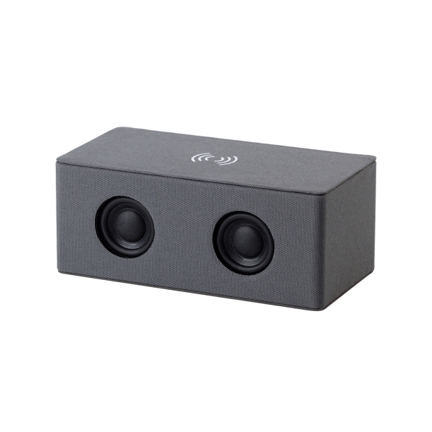 Bluetooth колонка "Cool Gray" с двумя динамиками (2х3Вт) и беспроводным зарядным устройством, переработанный пластик (RPET) (серый) (Изображение 1)