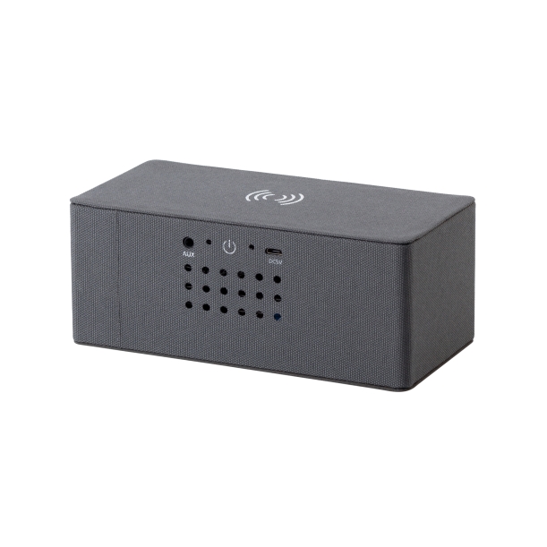 Bluetooth колонка "Cool Gray" с двумя динамиками (2х3Вт) и беспроводным зарядным устройством, переработанный пластик (RPET) (серый) (Изображение 3)
