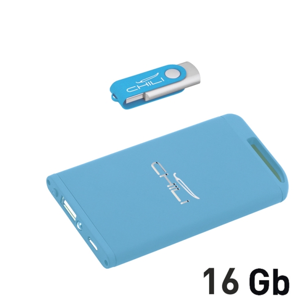 Набор зарядное "Theta" 4000 mAh + флеш-карта "Vostok" 16Гб  в футляре, голубой, покрытие soft touch (голубой) (Изображение 1)
