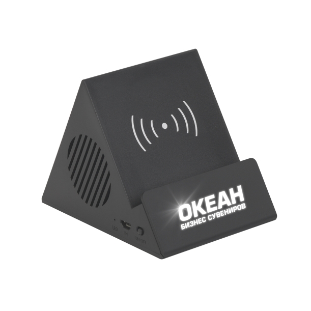 Bluetooth колонка-подставка "Rock" 3Вт с беспроводным зарядным устройством и подсветкой логотипа (черный) (Изображение 1)