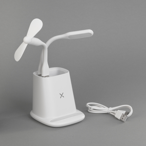 Карандашница "Smart Stand" с беспроводным зарядным устройством, вентилятором и лампой (2USB разъёма) (белый) (Изображение 1)