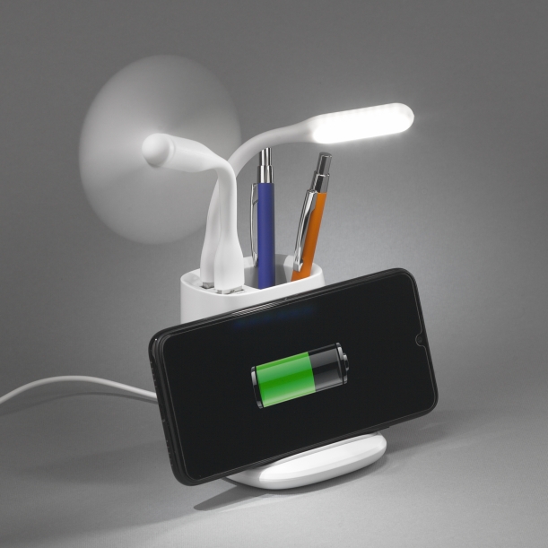 Карандашница "Smart Stand" с беспроводным зарядным устройством, вентилятором и лампой (2USB разъёма) (белый) (Изображение 2)