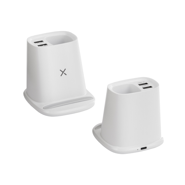 Карандашница "Smart Stand" с беспроводным зарядным устройством, вентилятором и лампой (2USB разъёма) (белый) (Изображение 3)