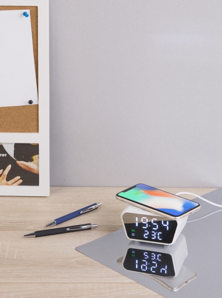 Настольные часы "Smart Clock" с беспроводным (15W) зарядным устройством, будильником и термометром (белый) (Изображение 2)