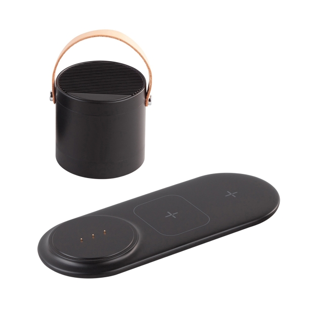 Настольная беспроводная (15W) зарядная станция "Blacksmith" с bluetooth колонкой с подсветкой логотипа (черный) (Изображение 3)
