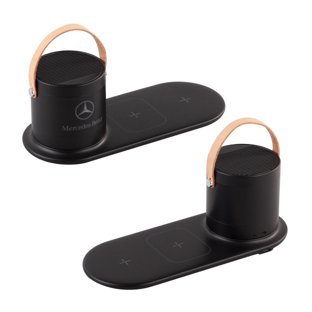Настольная беспроводная (15W) зарядная станция "Blacksmith" с bluetooth колонкой с подсветкой логотипа (черный) (Изображение 4)