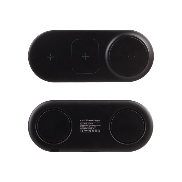 Настольная беспроводная (15W) зарядная станция "Blacksmith" с bluetooth колонкой с подсветкой логотипа (черный) (Изображение 6)